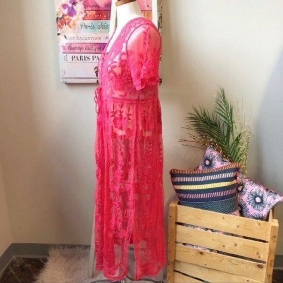 Bohemian Eyelet Sheer Cover Up Lace Maxi Dress Women's Size Large - Picture 6 of 7
